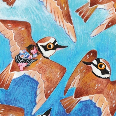 Desenho de pássaros marrons a voar com uma figura humana montada num deles