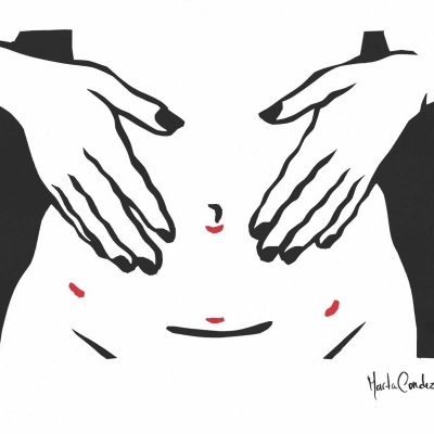 Desenho minimalista de mãos sobre uma barriga com detalhes vermelhos