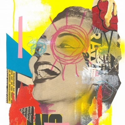 Imagem artística colorida combinando fotografia em sépia com gráficos e texto fragmentado