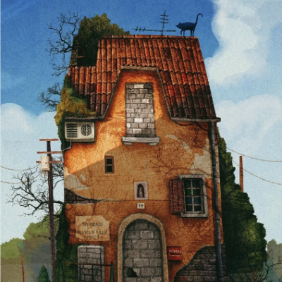 Casa alta e estreita com telhado de telhas vermelhas e gato no topo