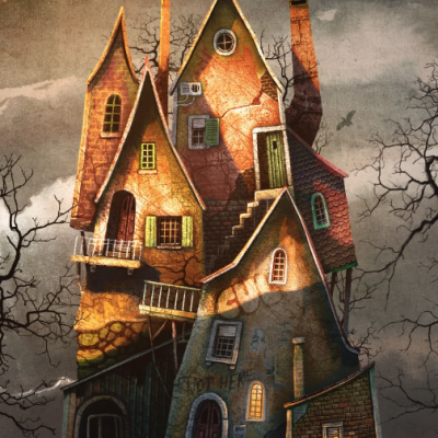 Casa alta e estreita com janelas e telhados inclinados em ambiente sombrio com árvores secas