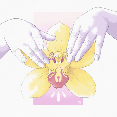 Mãos segurando flor amarela com manchas vermelhas num fundo branco e rosa claro