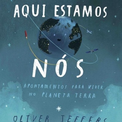 Capa de livro com ilustração da Terra e texto em português sobre fundo azul estrelado