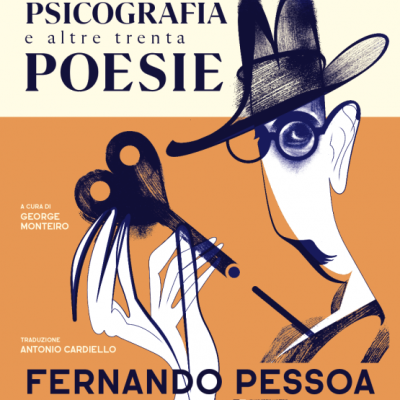 Capa de livro Auto-Psicografia e altre trenta poesie com ilustração estilizada de homem de chapéu e óculos