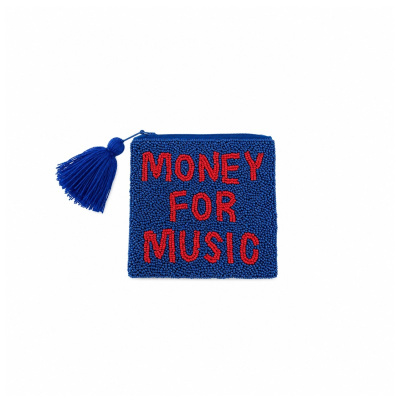 Carteira azul com contas e frase MONEY FOR MUSIC em vermelho com tassel azul