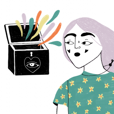 Ilustração de mulher olhando para caixa preta com coração e olho, linhas coloridas saindo da caixa