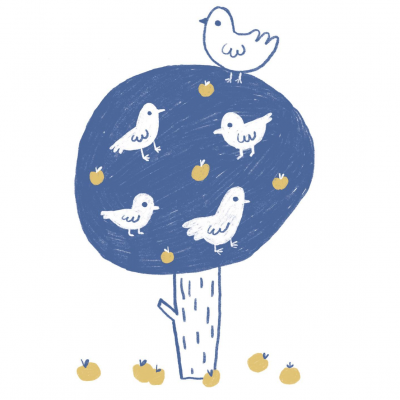 Ilustração simples de árvore azul com pássaros brancos e maçãs amarelas