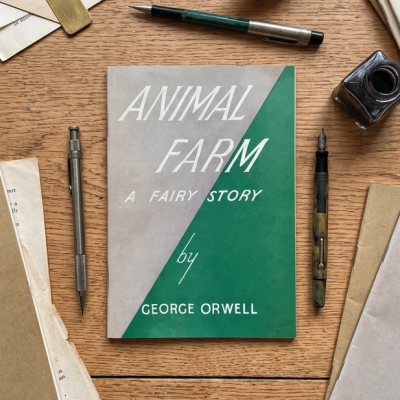 Livro Animal Farm de George Orwell com objetos de escrita e figura de porco numa mesa de madeira.