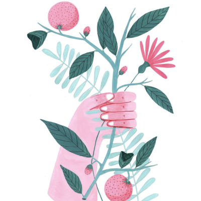 Ilustração de mão a segurar ramo com folhas e frutas cor-de-rosa