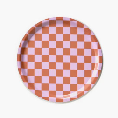 Prato redondo xadrez rosa e terracota