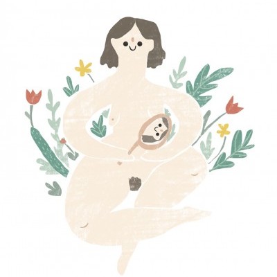 Ilustração de mulher a amamentar bebé rodeada de folhas e flores