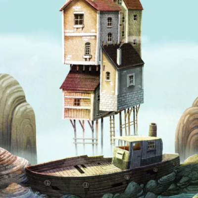 Casa empilhada em estacas sobre barco na água com céu azul e rochas