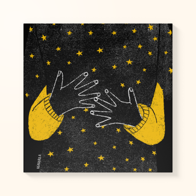 Desenho artístico com mãos negras e estrelas amarelas sobre fundo preto.