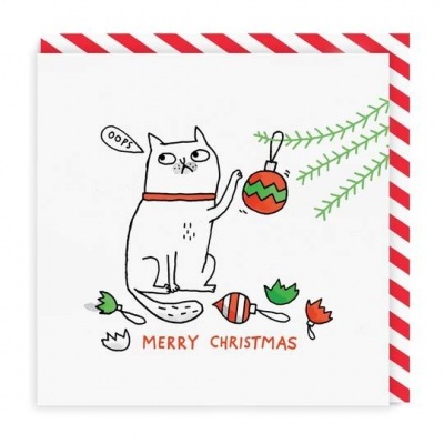 Cartão de Natal com gato e bolas de Natal partidas