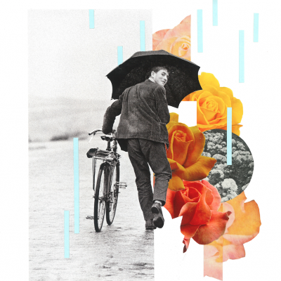 Homem com bicicleta e guarda-chuva preto com flores coloridas e linhas azuis