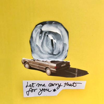 Colagem de carro bege antigo, forma abstrata branca e cinza, texto manuscrito 'Let me carry that for you *' sobre fundo amarelo