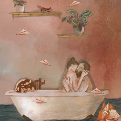 Ilustração de casal embanheira flutuando na água com plantas e barcos