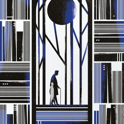 Ilustração abstrata com janela arqueada, barras pretas e esfera azul, duas figuras humanas caminhando.