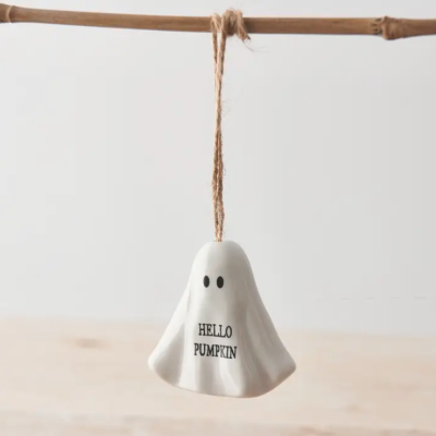 enfeite de cerâmica em forma de fantasma com texto hello pumpkin