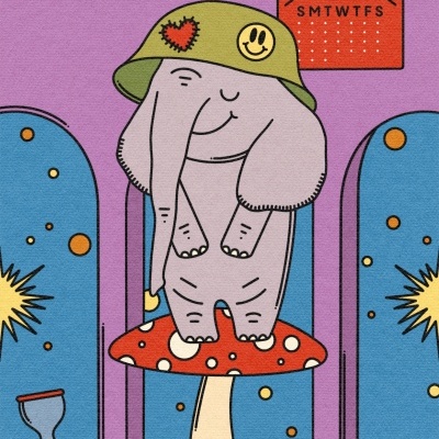 Desenho de elefante com chapéu em cogumelo vermelho num cenário lilás com portas azuis e calendário