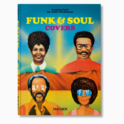 Capa de livro colorida com título Funk & Soul Covers e ilustração de quatro pessoas com cabelo afro e óculos