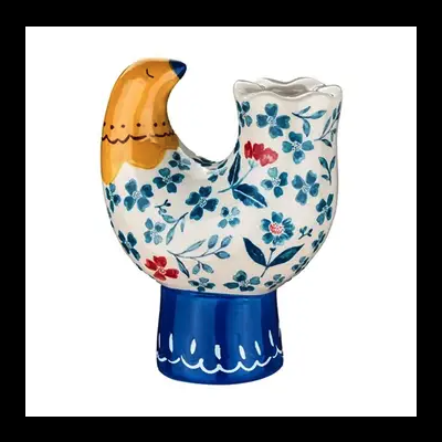 Vaso decorativo de cerâmica em forma de pássaro com padrão floral e cores azul, branco, amarelo e vermelho