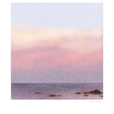 Paisagem marítima ao pôr do sol em tons pastel, assinatura ANNA TUPOTA