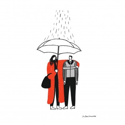 Desenho minimalista de duas pessoas sob guarda-chuva branco contra chuva.