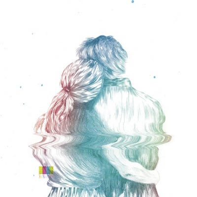 Ilustração a lápis de duas pessoas de costas abraçadas com efeito de distorção e cores pastel