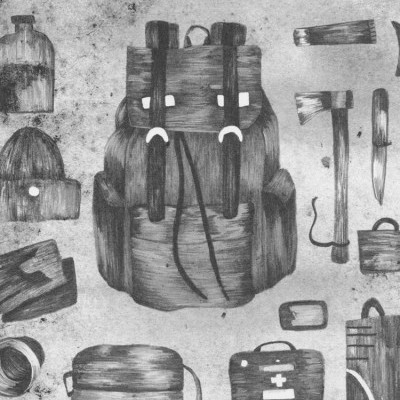 Ilustrações em preto e branco de mochila e equipamentos de campismo sobre fundo texturizado