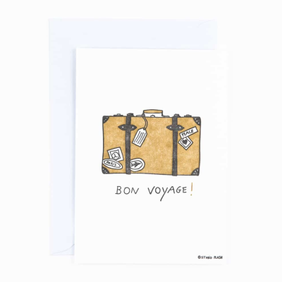Cartão com ilustração de mala e texto 'BON VOYAGE!'