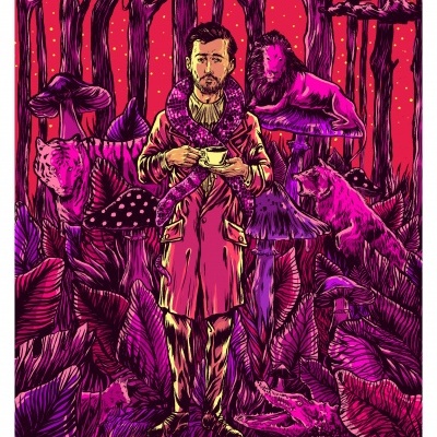 Ilustração de homem com capa numa floresta com animais selvagens em tons rosa e roxo