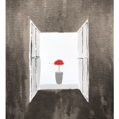 Janela aberta numa parede escura com vaso cinza e flor vermelha no peitoril