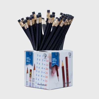Lápis pretos HB-2 com borracha em caixa branca decorada com tabuada