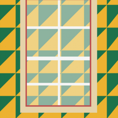Padrão geométrico amarelo e verde com janela e texto BAIXA