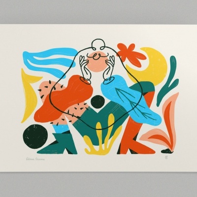 Ilustração colorida abstrata com formas geométricas e orgânicas