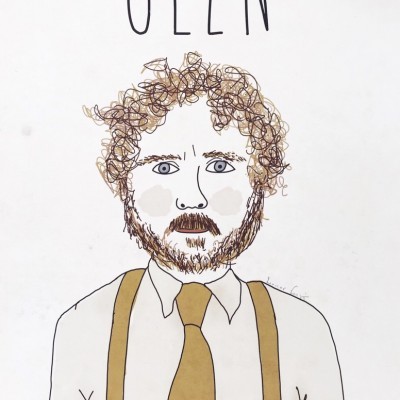 Desenho de um homem com cabelo encaracolado, barba castanha, gravata e suspensórios castanhos, camisa branca, texto GLEN acima