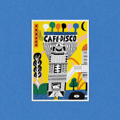 Cartaz colorido com texto CAFÉ-DISCO e ilustração de edifício e árvores