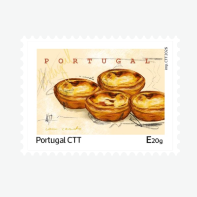 Selo postal com ilustração de pastéis de nata e texto em português.