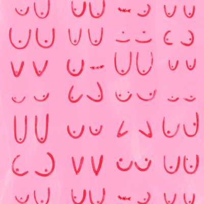 Desenhos minimalistas de várias formas de seios em linhas vermelhas sobre fundo rosa