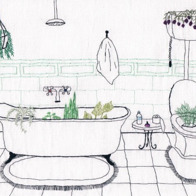 Desenho casa de banho com banheira, plantas, sanita e pequenos móveis em azulejos