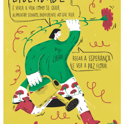 Ilustração de pessoa regando flor vermelha com regador amarelo e texto sobre liberdade em fundo amarelo