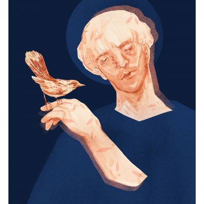 Ilustração digital de um busto com um pássaro num fundo azul escuro