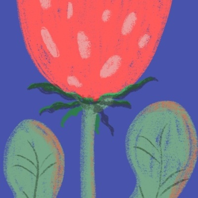 Ilustração de uma flor vermelha com rosto sorridente em fundo azul