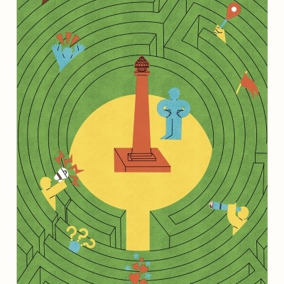 Ilustração de labirinto verde com farol vermelho central e figuras humanas coloridas.