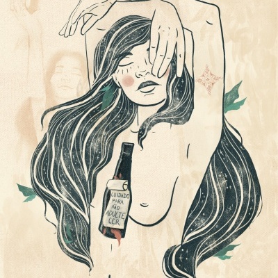 Ilustração de mulher nua com cabelos longos e garrafa com rótulo em fundo bege