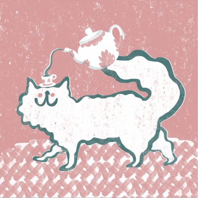 Ilustração de gato branco com bule e chávena cor-de-rosa e branco