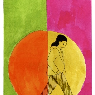 Ilustração colorida de pessoa a caminhar com fundo colorido e círculo atrás