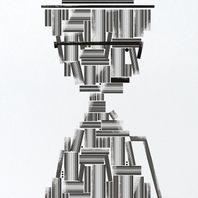 Figura humana feita de códigos de barras em preto e branco