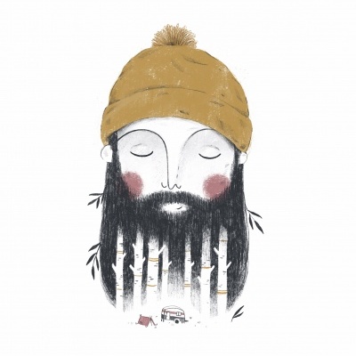 Ilustração de rosto masculino com barba em forma de árvores e gorro castanho.